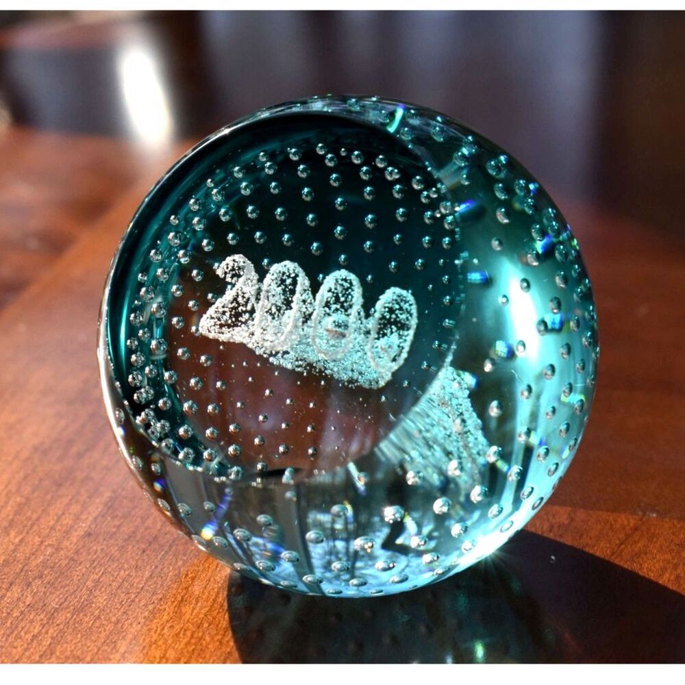 Caithness Scotland Millennium 2000 Art Glass Paperweight Signed Teal Bubbles